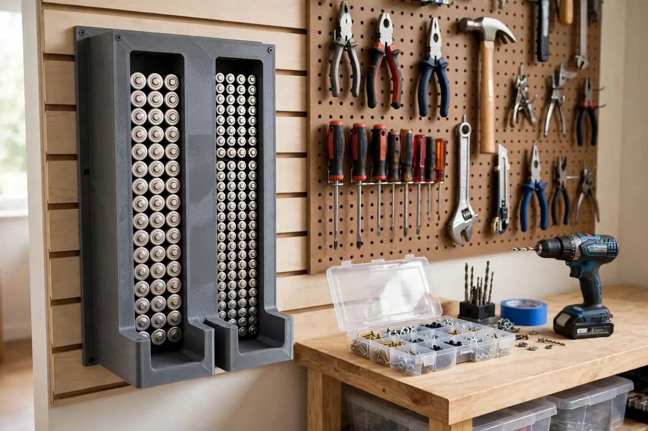 A finished 3D printed battery dispenser mounted on a workshop wall beside a pegboard of hand tools