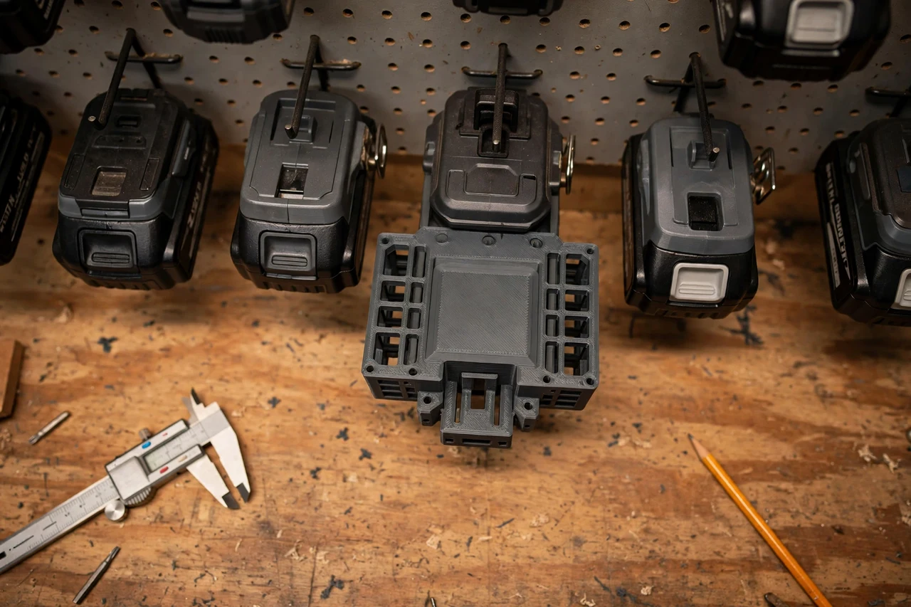 Close-up top-down view of a matte charcoal-gray 3D printed battery pack wall docks being test-fitted against cordless tool battery packs stored on the wall on a workbench, calipers and a pencil nearby, warm workshop lighting