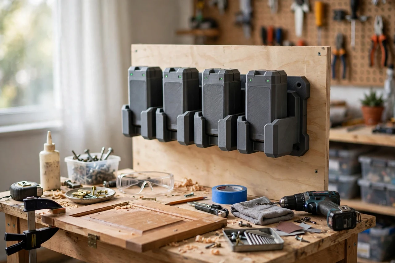 View of the finished 3D printed battery pack wall docks in use on a home repair project on a workbench, tidy workshop background in soft focus, bright natural light
