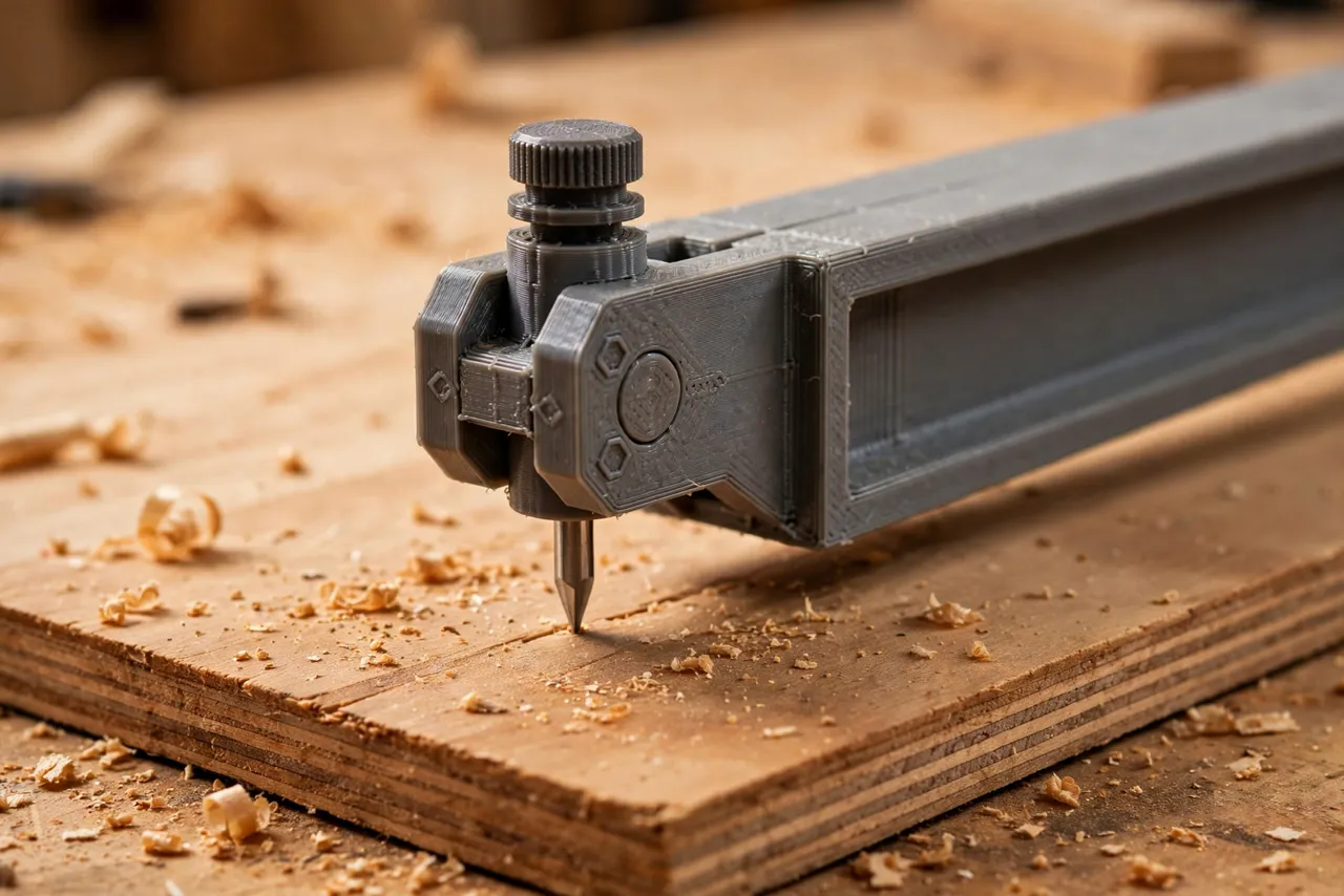 Close-up view of a 3D printed beam compass pivot point with a sharp center pin pressed into a plywood sheet