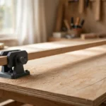 A bright home workshop scene, a matte charcoal-gray 3D printed beam compass with a long wooden beam spanning a large plywood sheet