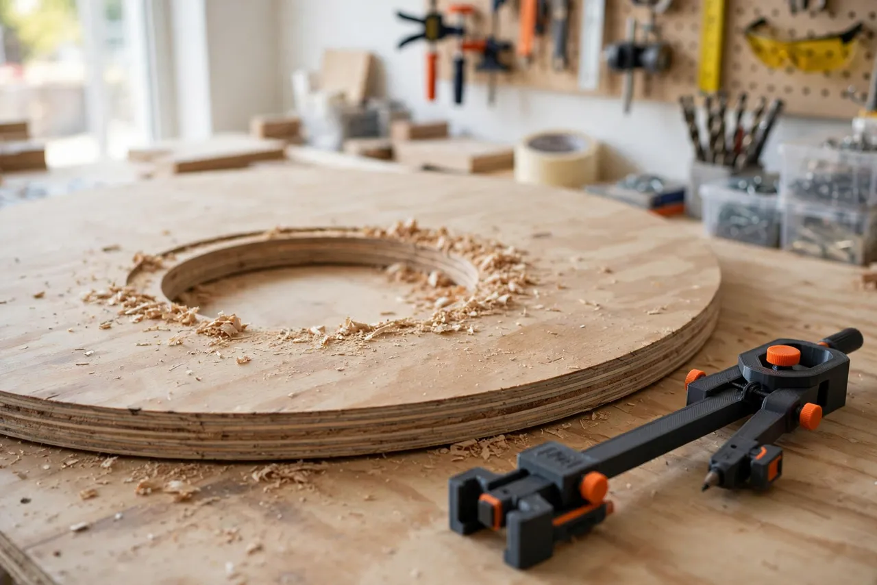 A large round plywood tabletop with a clean marked circle freshly cut