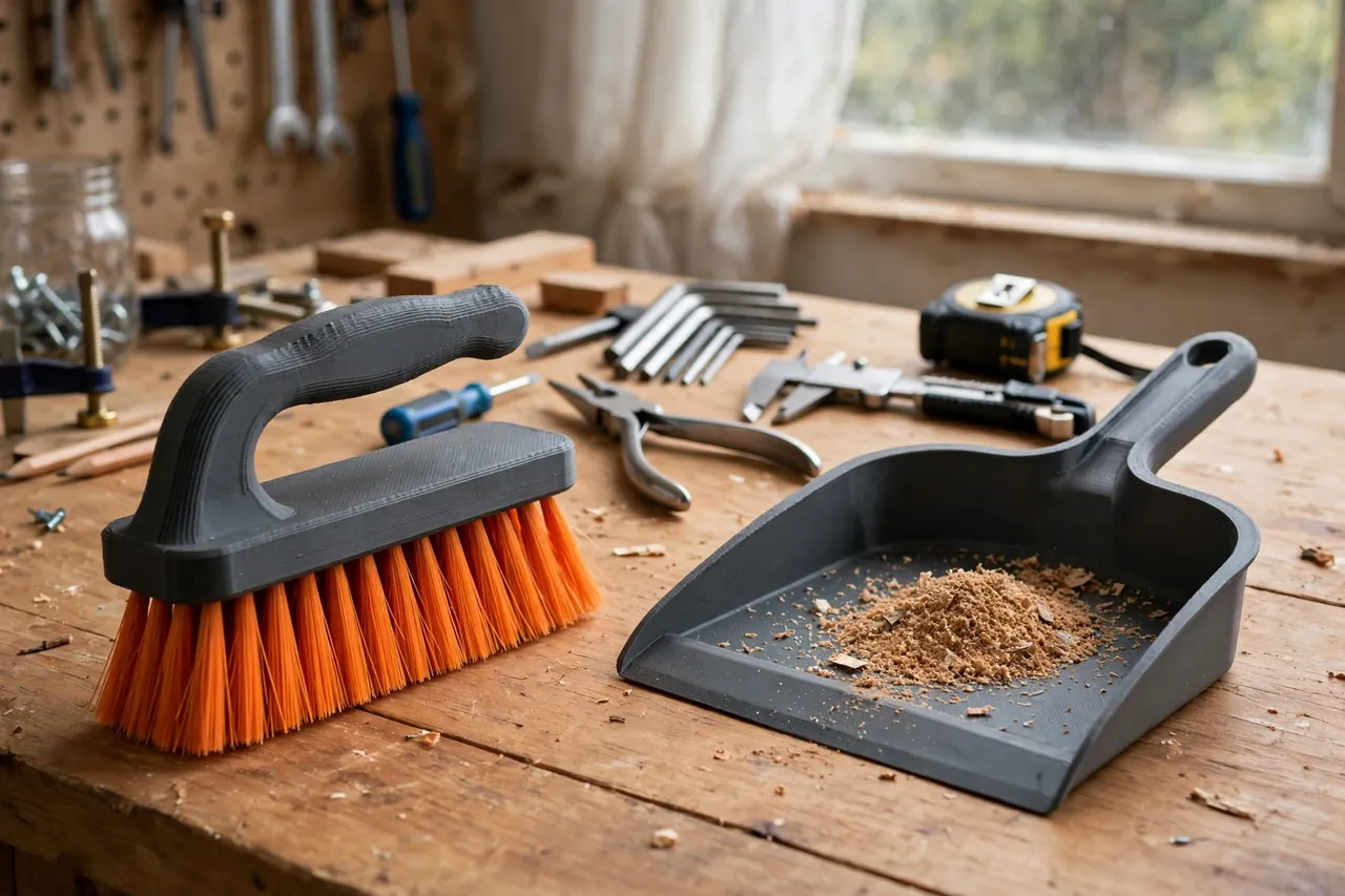 A bright home workshop scene on a warm wooden workbench
