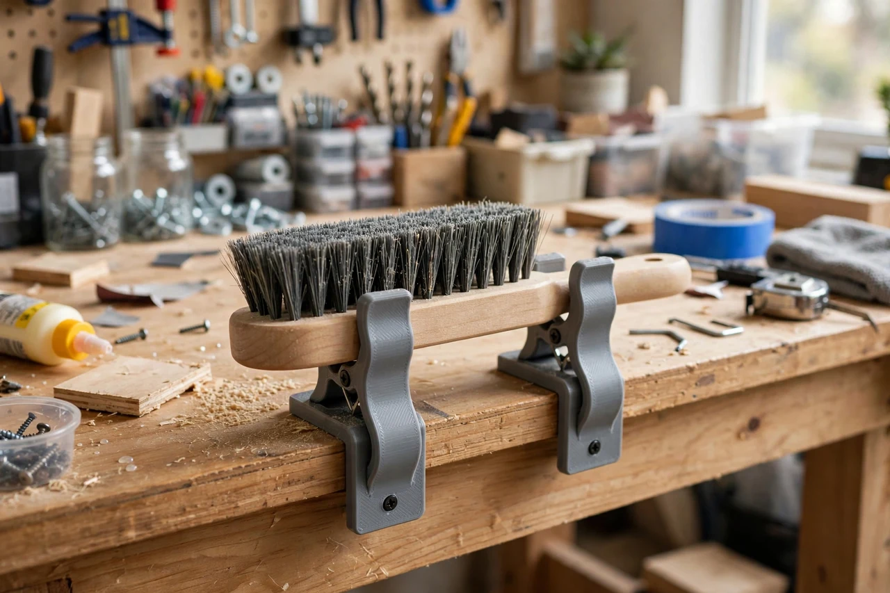 View of the finished 3D printed bench brush holder clips in use on a home repair project on a workbench, tidy workshop background in soft focus, bright natural light