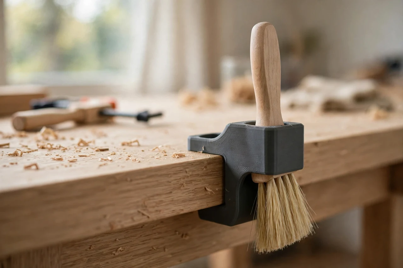 Home workshop scene on a light oak workbench, a matte charcoal-gray 3D printed bench brush holder clips holding a bench brush clipped to the bench edge or wall, soft natural window light, shallow depth of field