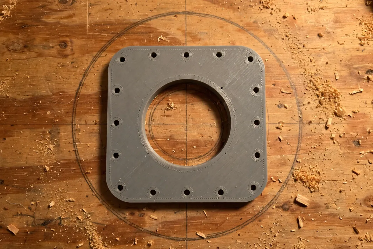 Close-up top-down view of a 3D printed template with a round guide hole centered over a marked position on a wooden workbench top