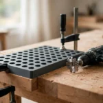 A bright home workshop scene, a matte charcoal-gray 3D printed bench dog hole drilling template clamped to a thick beech workbench top, a cordless