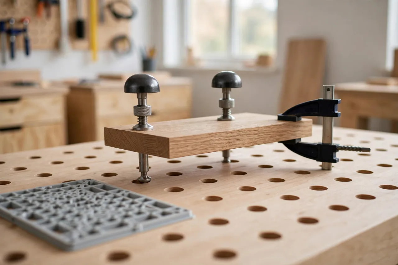 A finished wooden workbench top with a neat grid of evenly spaced round dog holes holding two bench dogs and a clamped board