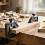 A bright home workshop workbench with a wooden board clamped to the bench edge by two matte charcoal-gray 3D printed edge clamps