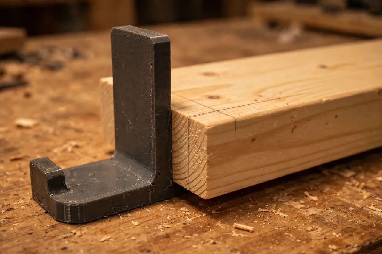 Close-up view of a 3D printed bench hook with a raised stop fence pressing against the end of a pine board on a workbench