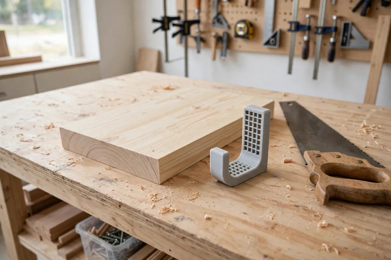 A neatly cut pine board with a square end resting on a workbench beside the printed bench hook and a hand saw, bright clean workshop interior