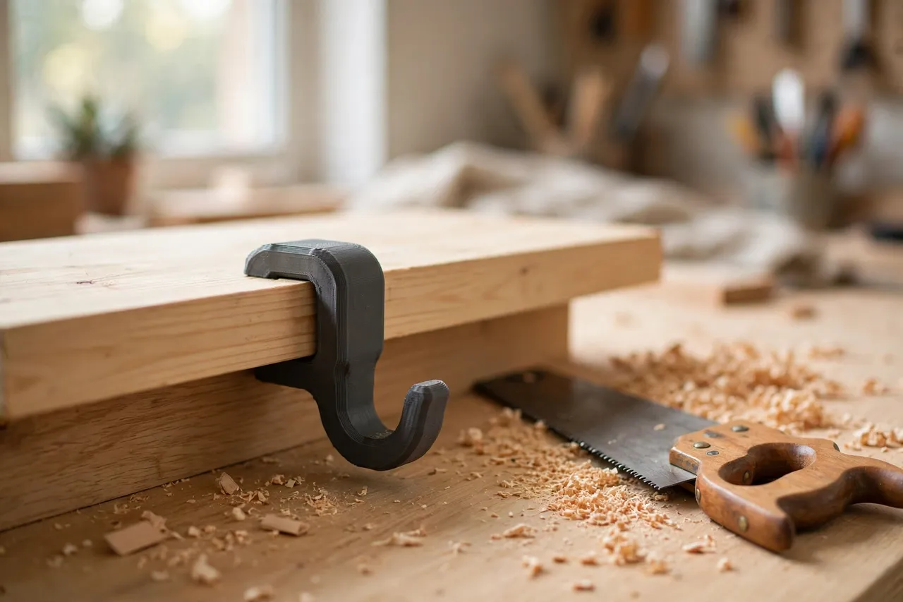 A bright home workshop scene on a light oak workbench