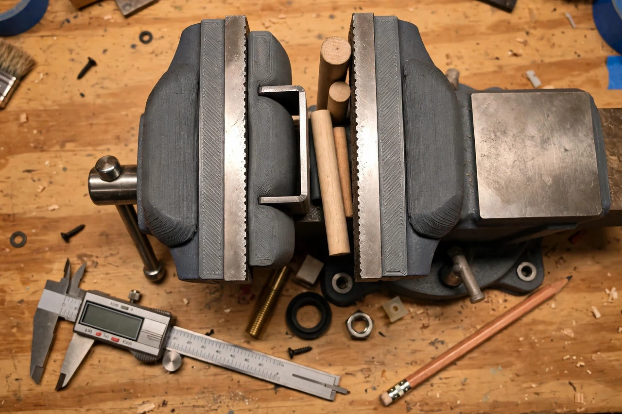 Close-up top-down view of a matte charcoal-gray 3D printed bench vise soft jaw pads being test-fitted against metal brackets, wooden dowels, and small parts you do not want scarred on a workbench, calipers and a pencil nearby, warm workshop lighting