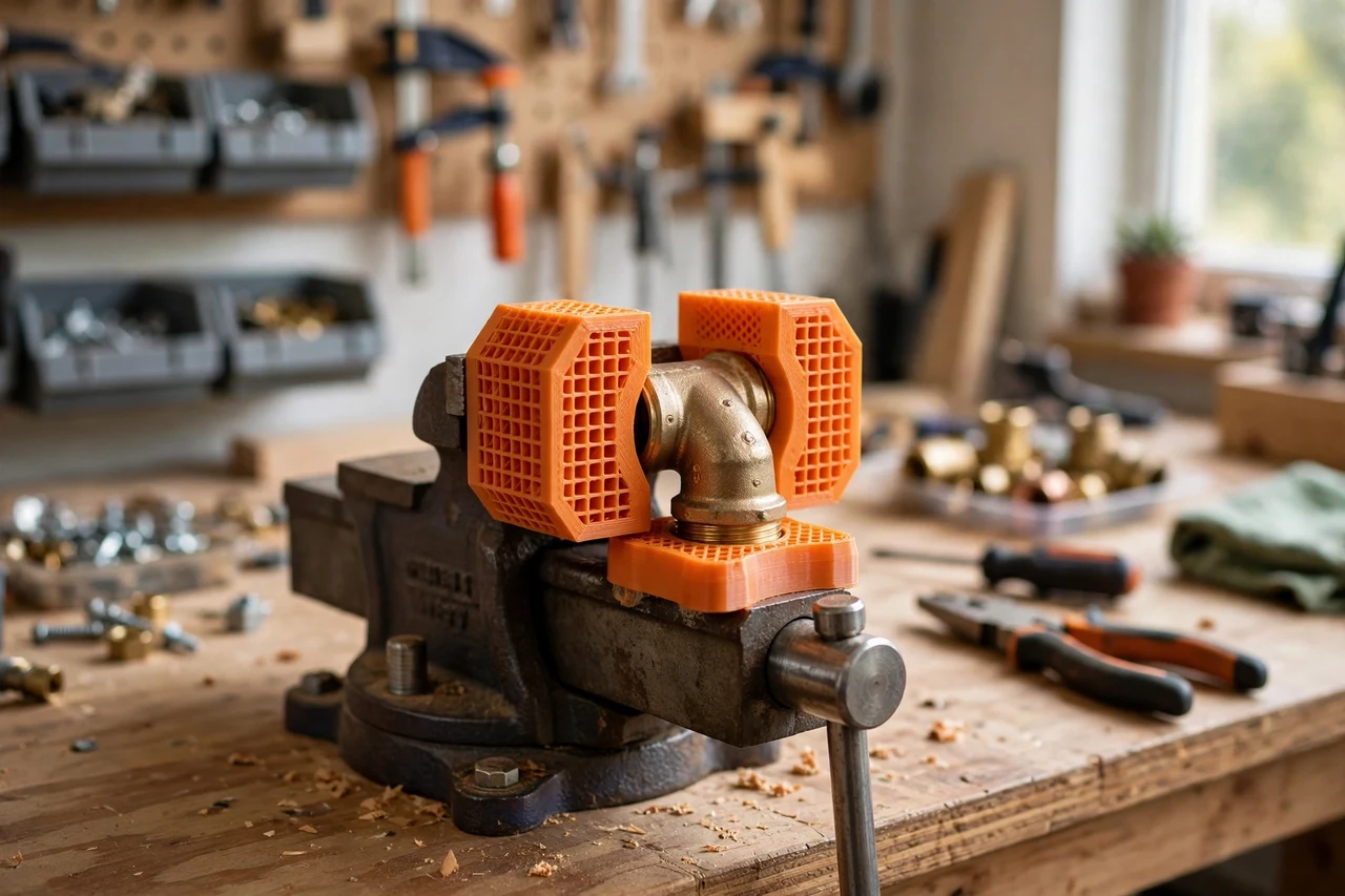 View of the finished 3D printed bench vise soft jaw pads in use on a home repair project on a workbench, tidy workshop background in soft focus, bright natural light