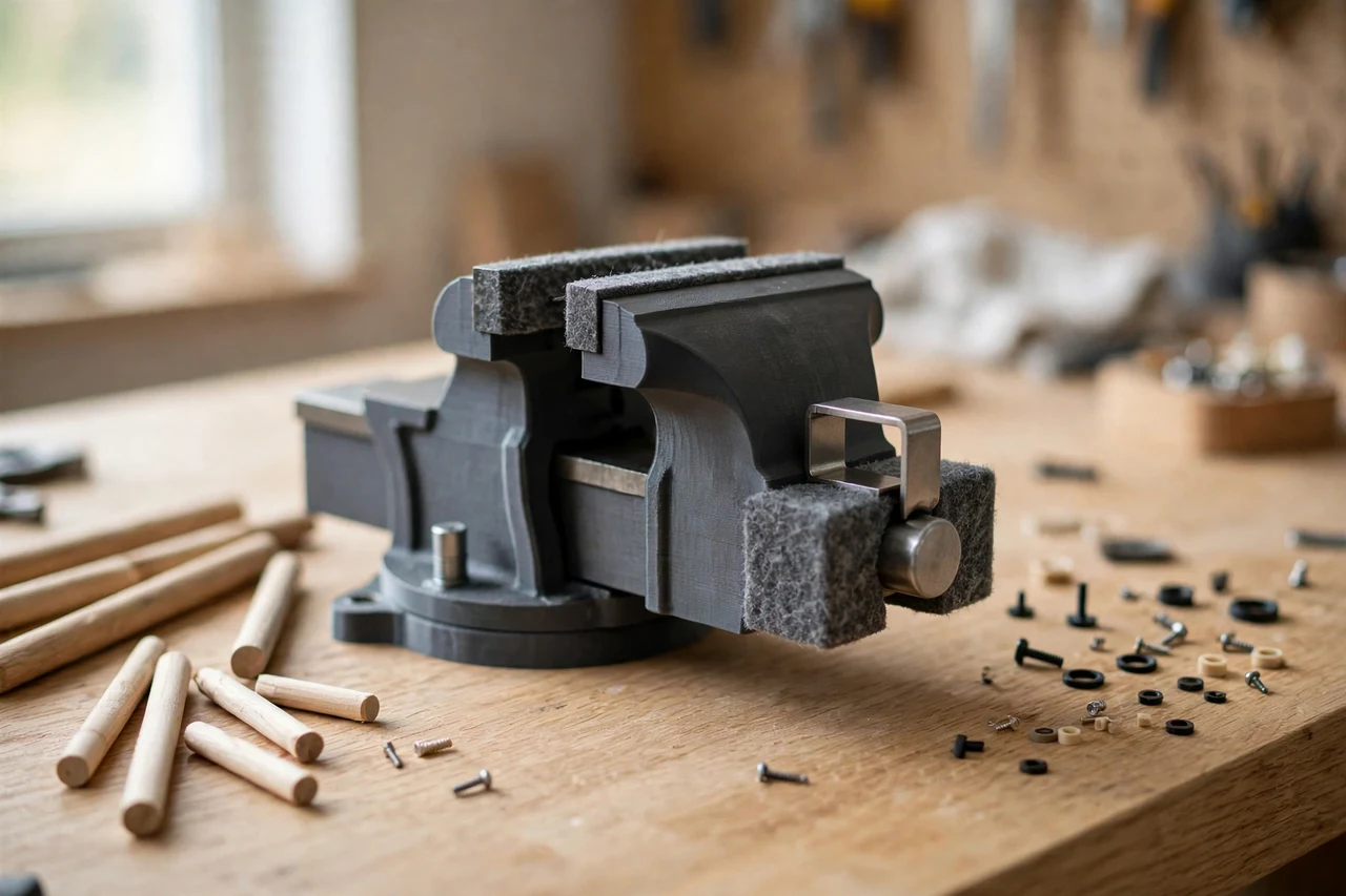 Home workshop scene on a light oak workbench, a matte charcoal-gray 3D printed bench vise soft jaw pads holding metal brackets, wooden dowels, and small parts you do not want scarred, soft natural window light, shallow depth of field