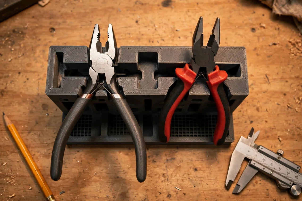 Close-up top-down view of a matte charcoal-gray 3D printed benchtop pliers stand being test-fitted with pliers and cutters on a workbench, calipers and a pencil nearby, warm workshop lighting