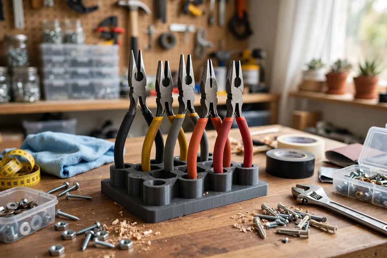 View of the finished 3D printed benchtop pliers stand in use during a home repair tidy-up on a workbench, tidy workshop background in soft focus, bright natural light