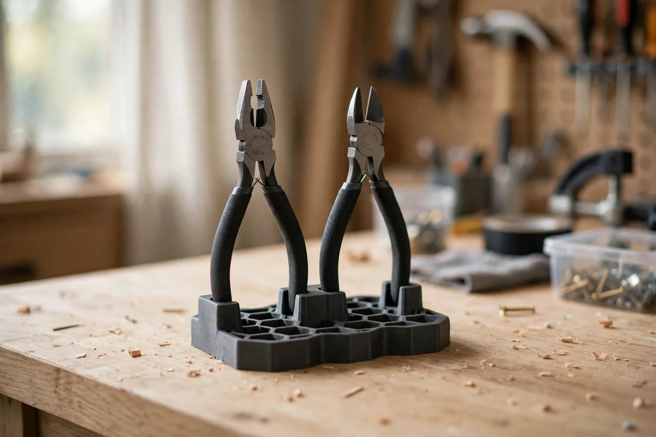 Home workshop scene on a light oak workbench, a matte charcoal-gray 3D printed benchtop pliers stand holding pliers and cutters, soft natural window light, shallow depth of field