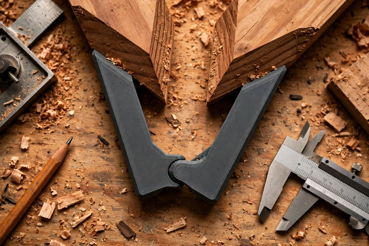 Close-up top-down view of a matte charcoal-gray 3D printed bevel angle transfer gauge being test-fitted against bevelled workpieces and saw settings on a workbench, calipers and a pencil nearby, warm workshop lighting