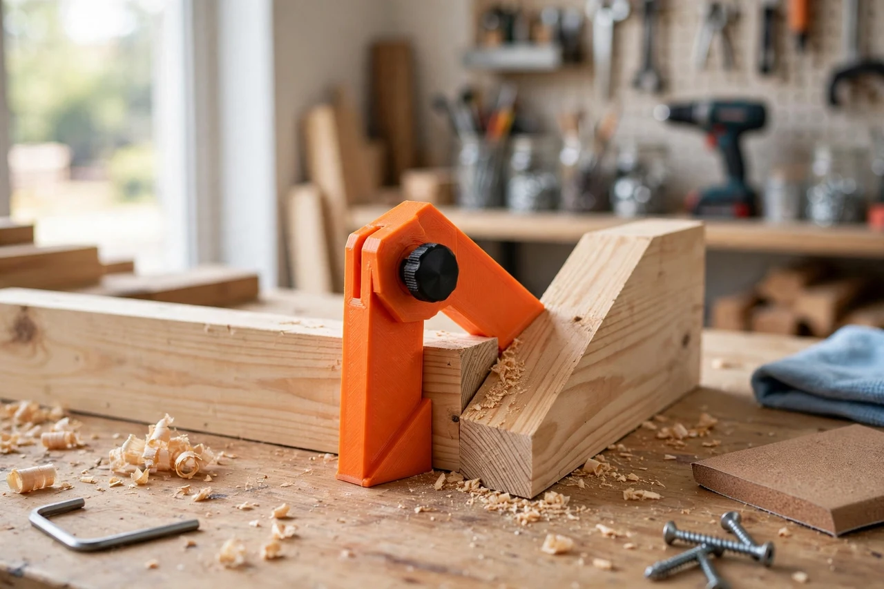 View of the finished 3D printed bevel angle transfer gauge in use on a home repair project on a workbench, tidy workshop background in soft focus, bright natural light