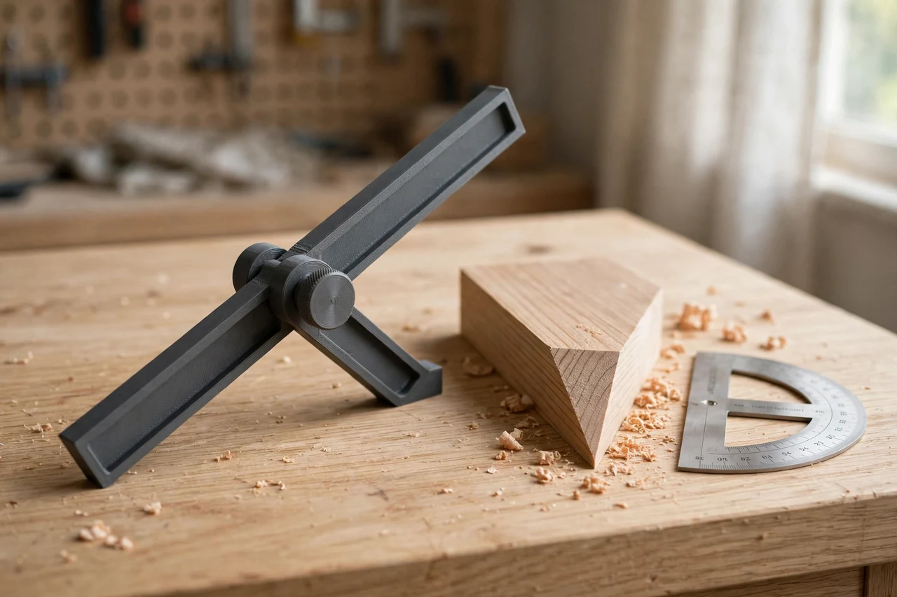 Home workshop scene on a light oak workbench, a matte charcoal-gray 3D printed bevel angle transfer gauge beside a bevelled workpiece and a protractor, soft natural window light, shallow depth of field