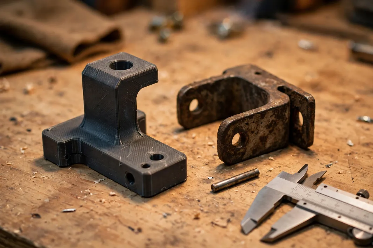 Close-up view of a 3D printed bi-fold door pivot bracket beside a worn original bracket and a metal pivot pin on a workbench