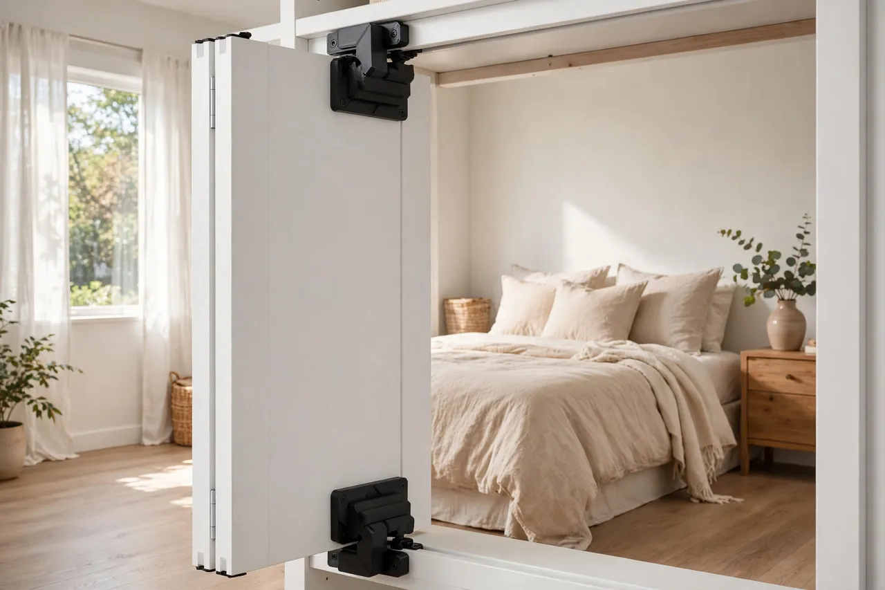 A finished bi-fold closet door folding smoothly with neat printed pivot brackets at top and bottom, a tidy bedroom beyond, bright natural light