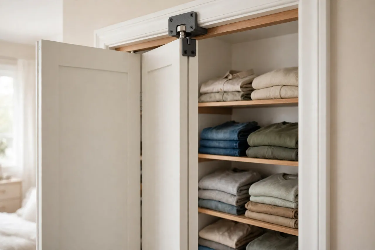 A bright bedroom closet scene, a bi-fold door half open with a matte charcoal-gray 3D printed pivot bracket fitted at the top pivot point