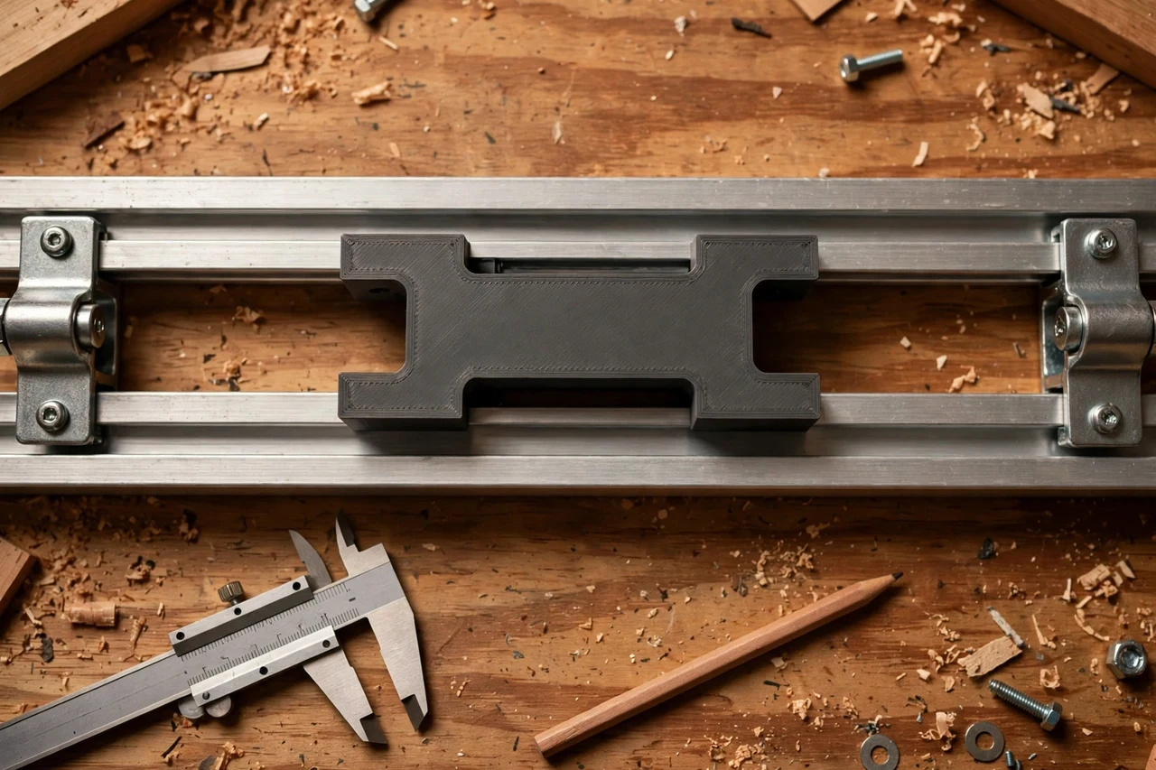 Close-up top-down view of a matte charcoal-gray 3D printed bifold door track spacing gauge being test-fitted against bifold door tracks and pivot brackets on a workbench, calipers and a pencil nearby, warm workshop lighting
