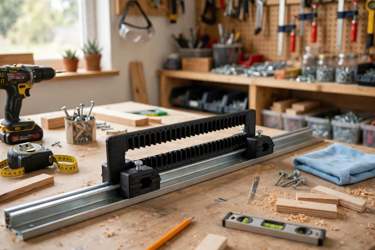 View of the finished 3D printed bifold door track spacing gauge in use on a home repair project on a workbench, tidy workshop background in soft focus, bright natural light
