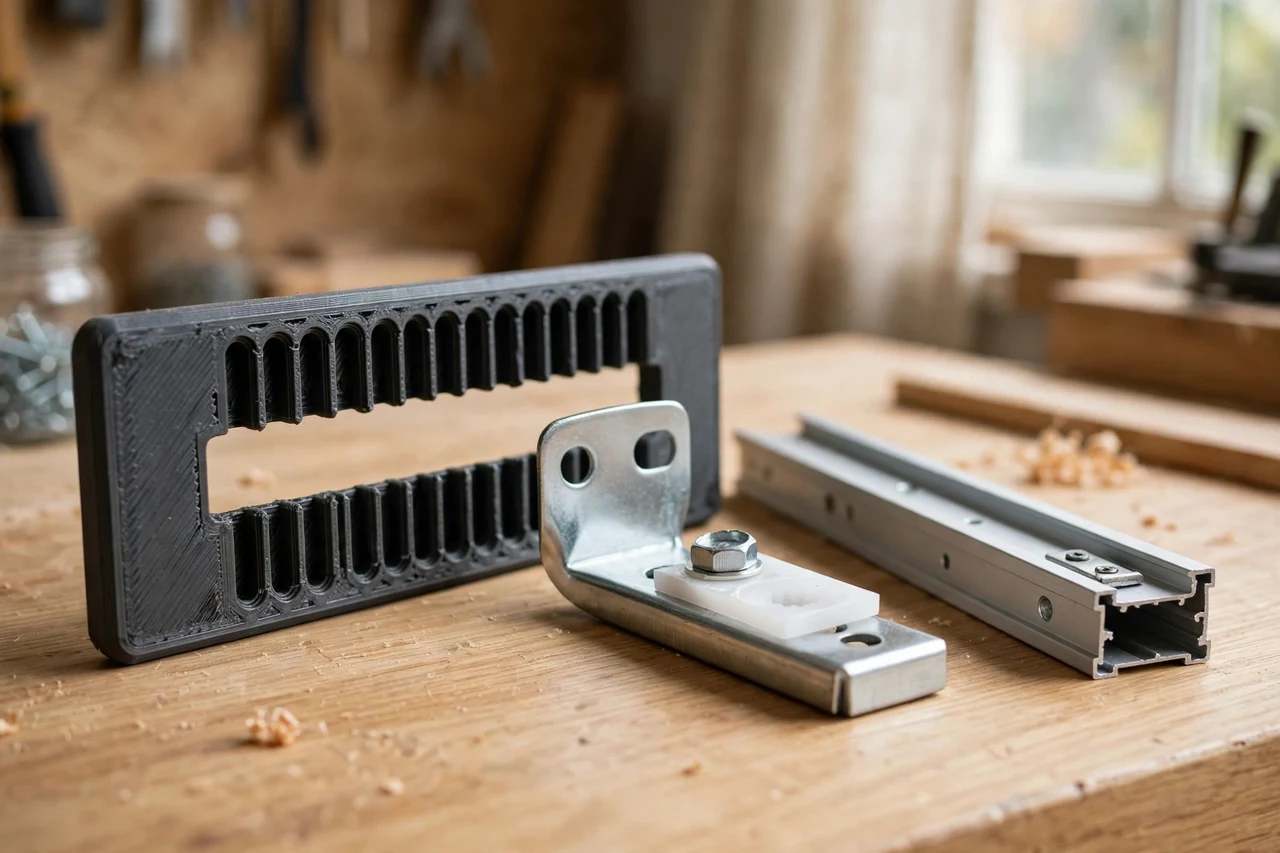 Home workshop scene on a light oak workbench, a matte charcoal-gray 3D printed bifold door track spacing gauge beside a bifold door pivot bracket and a short track section, soft natural window light, shallow depth of field