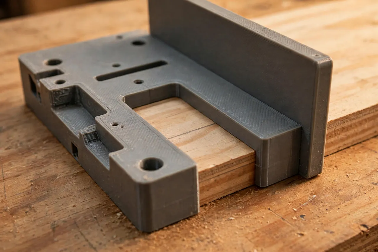 Close-up view of a 3D printed alignment jig with a raised reference fence pressed flush against the edge of a wooden board on a workbench, a pencil