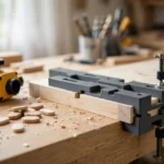 A bright home workshop scene on a light oak workbench