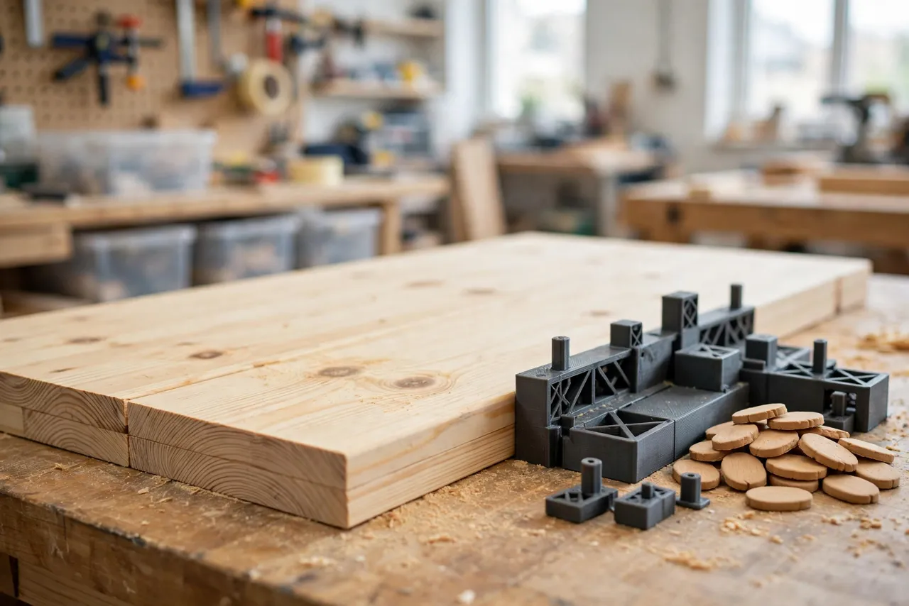 Two glued-up pine panels joined edge to edge sitting perfectly flush on a workbench