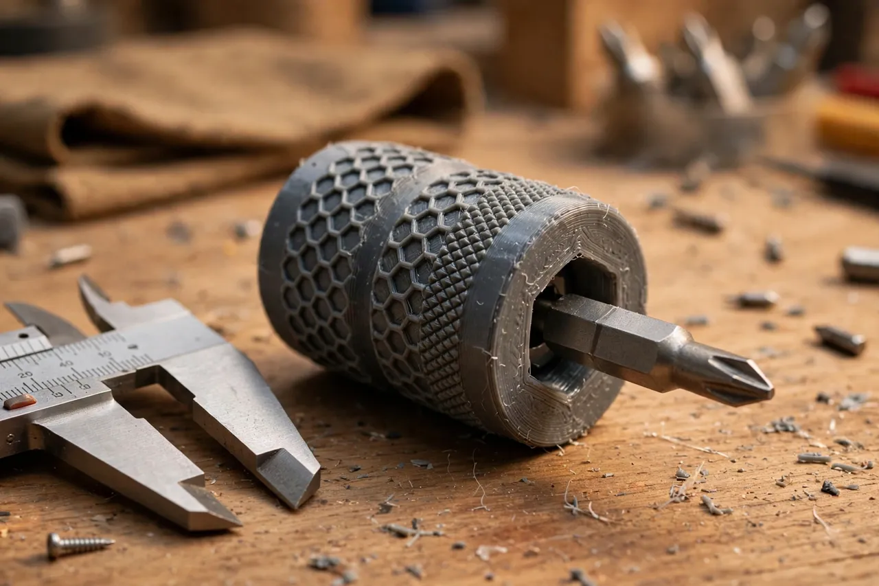 Close-up view of a 3D printed bit holder adapter being test-fitted onto a screwdriver bit on a workbench