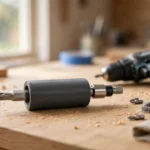 A bright home workshop scene on a light oak workbench