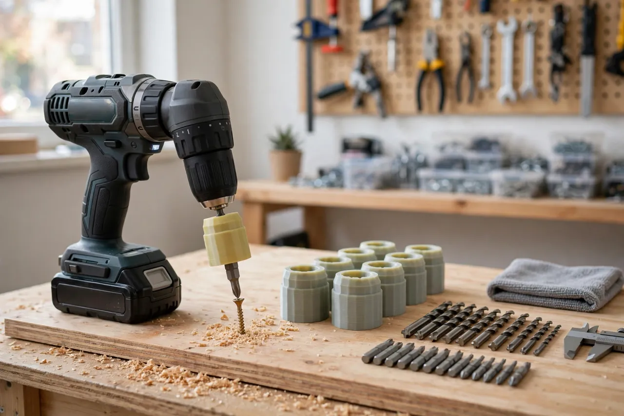 A finished cordless drill fitted with a bit through a printed adapter, driving a screw into a wooden board on a workbench