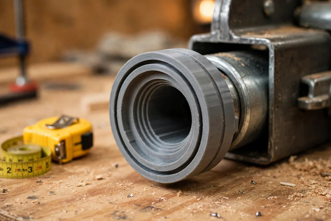 Close-up view of a 3D printed blast gate adapter ring being test-fitted onto the port of a blast gate