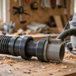 A bright home workshop scene, a matte charcoal-gray 3D printed dust collection adapter ring fitted between a flexible dust hose and a plastic blast