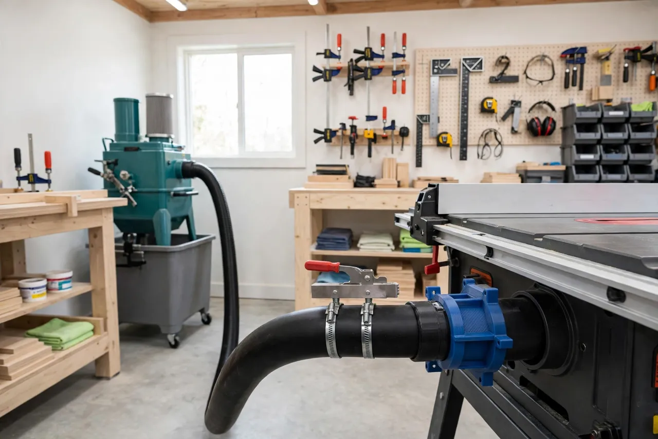 A finished workshop dust collection setup with a blast gate and printed adapter ring connecting a hose to a table saw