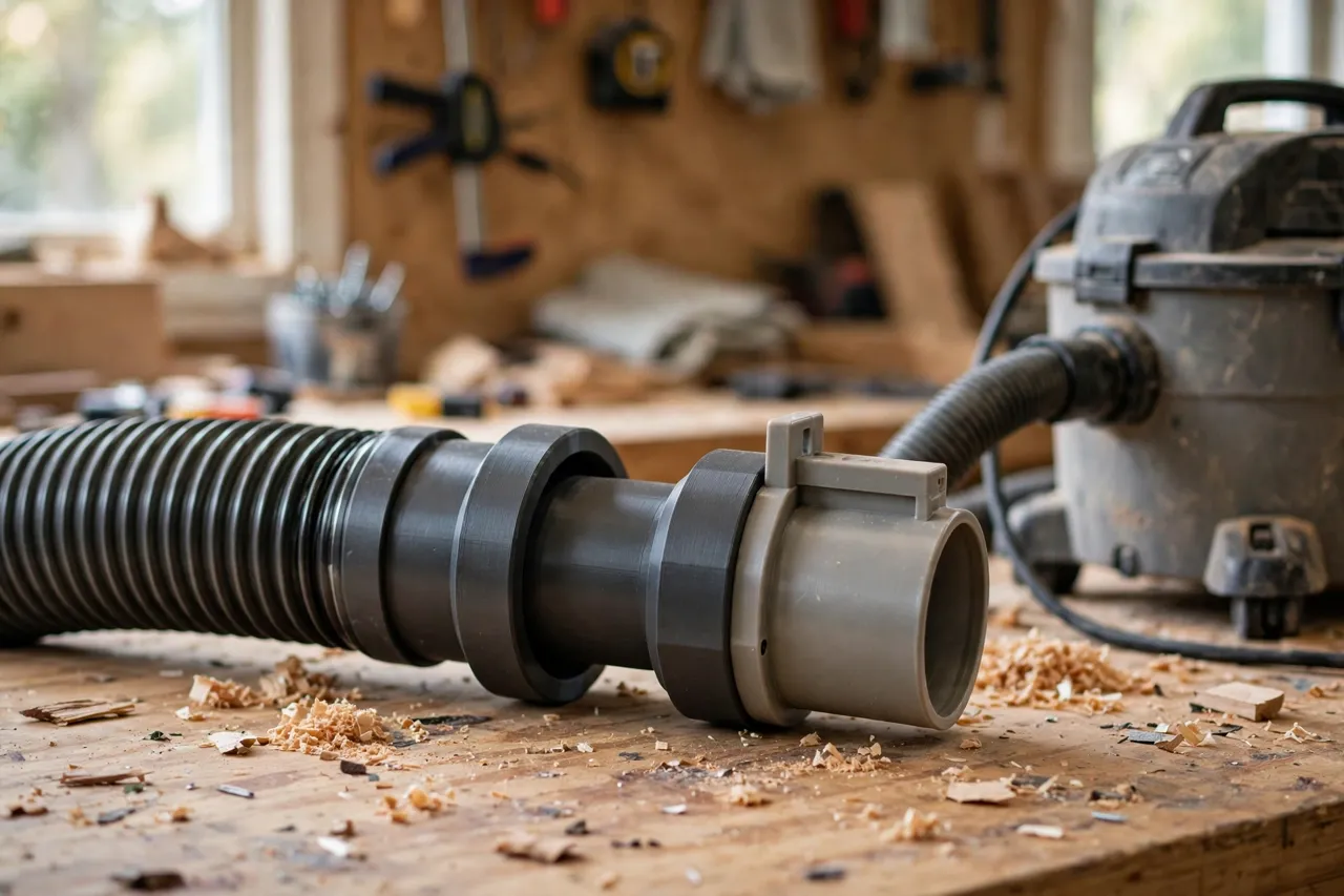 A bright home workshop scene, a matte charcoal-gray 3D printed dust collection adapter ring fitted between a flexible dust hose and a plastic blast