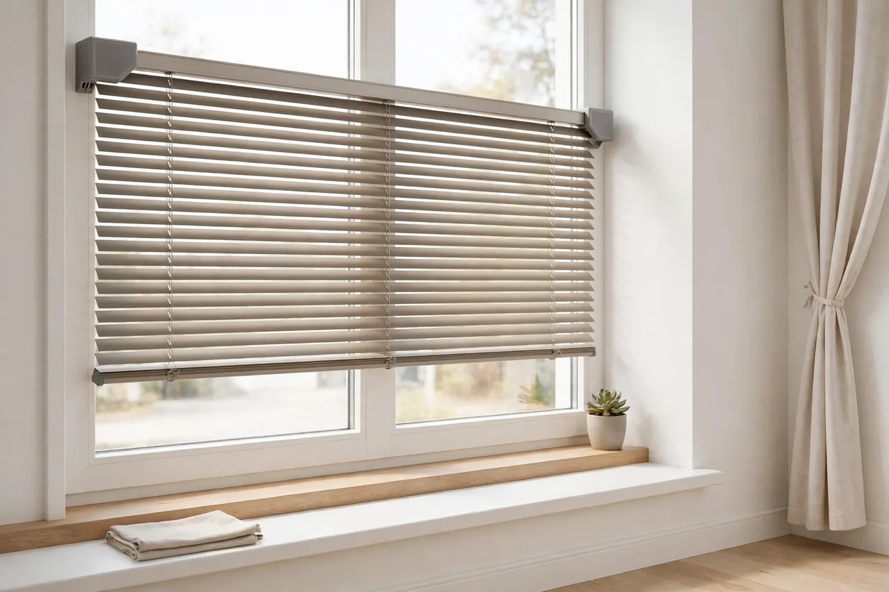 A finished window with blinds fitted and both headrail ends capped tidily through printed adapters, tidy room, bright light