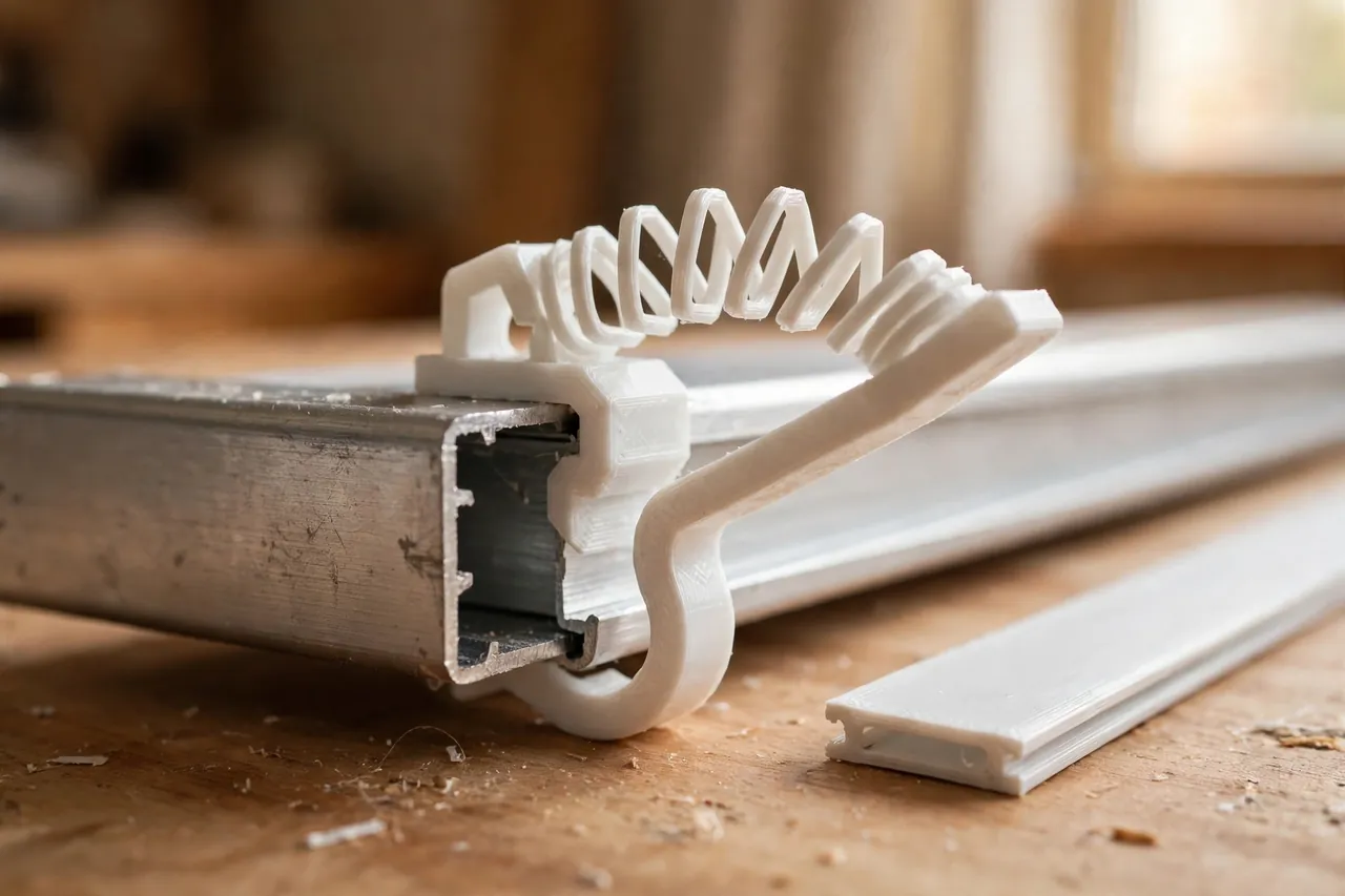 Close-up of a 3D printed valance clip flexing onto the front channel of a metal blind headrail, showing the clip's hook profile