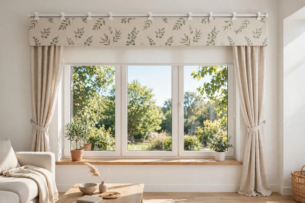 A finished window with the valance sitting straight and flush across the blind headrail on its new printed clips