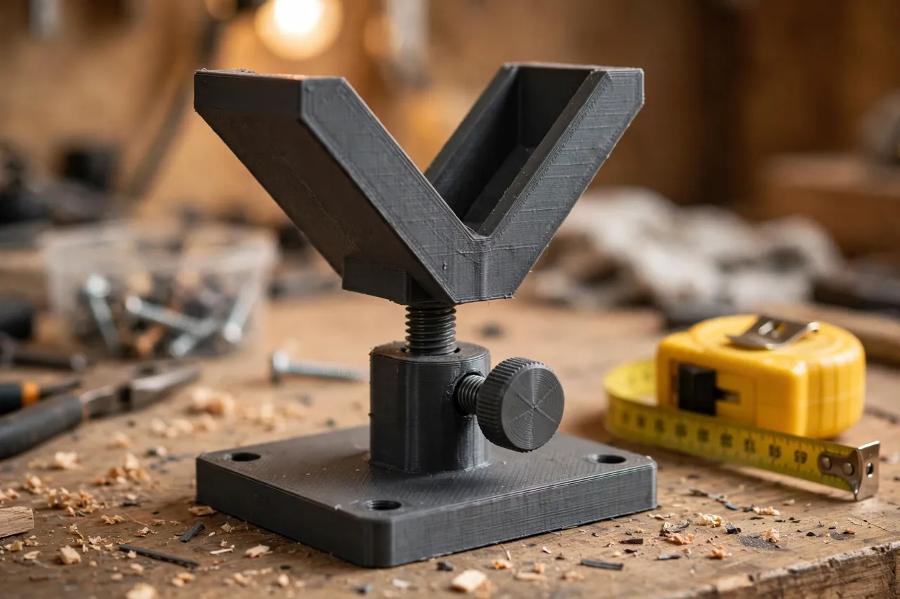 Close-up of a matte charcoal-gray 3D printed board jack showing its adjustable height post and V-shaped board cradle