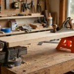 A home workshop scene, a long pine board supported at one end by a workbench vise and at the far end by a matte orange 3D printed board jack, a hand