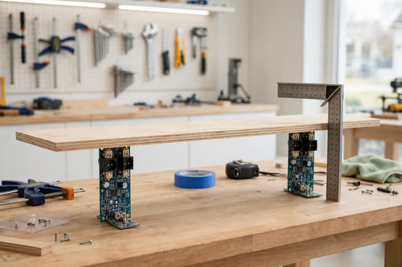 A long board held level across a bench with two printed board jacks, a square checking the board's edge, bright clean workshop