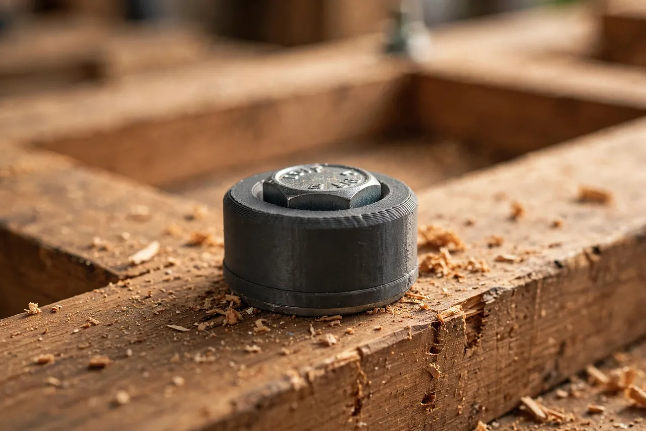 Close-up of a matte charcoal-gray 3D printed bolt cap cover being pressed over a hex bolt head on a wooden bench frame