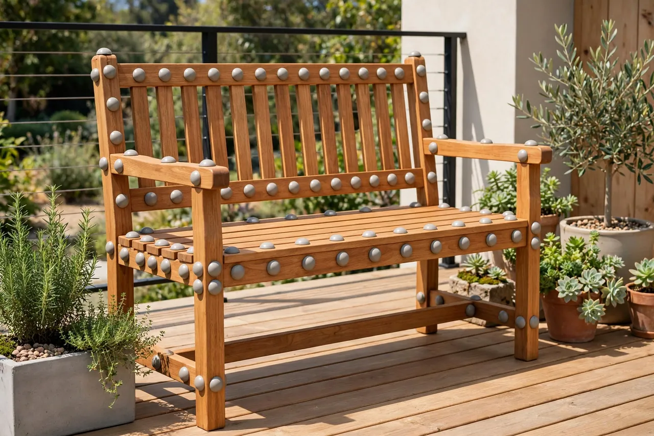 A finished outdoor wooden bench with tidy matching bolt cap covers on every visible bolt head along its frame