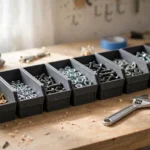 A bright home workshop workbench with a row of matte charcoal-gray 3D printed sorting bins